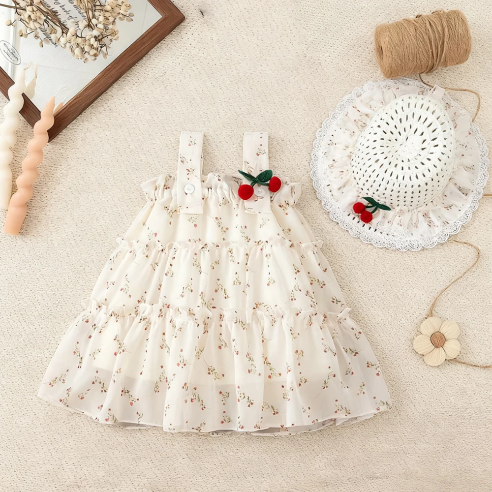 

Baby Girl Dress Summer Floral Print Spaghetti Strap Girl Dress Cute Fruit Baby Beach Dress With Hat Baby Girl Clothing
