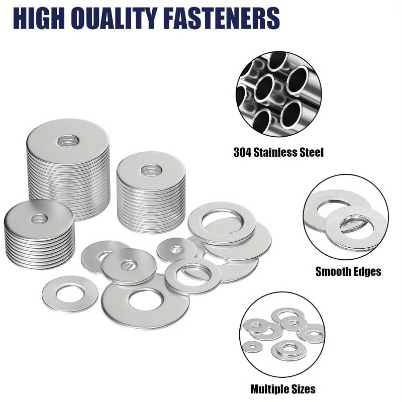 

290Pcs M3 M4 M5 M6 M8 M10 M12 Metal Washers Stainless Steel Large Size Washers Wide Washer Assorted Flat Washers Set