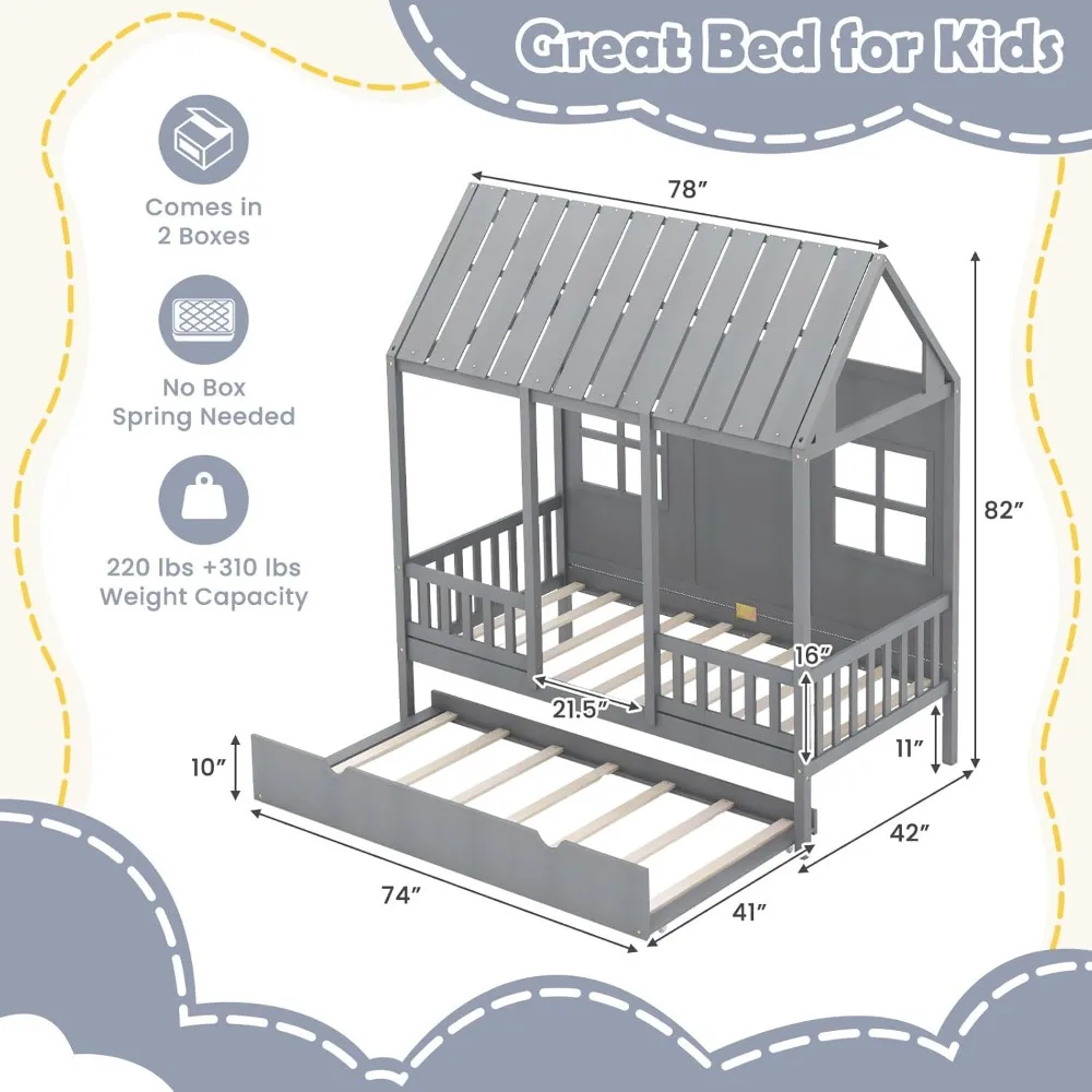 Giantex Twin House Bed with Trundle, Kids Bed Frame with 82" Tall Roof, Windows and Guardrail, Wooden Playhouse Bed for Teens