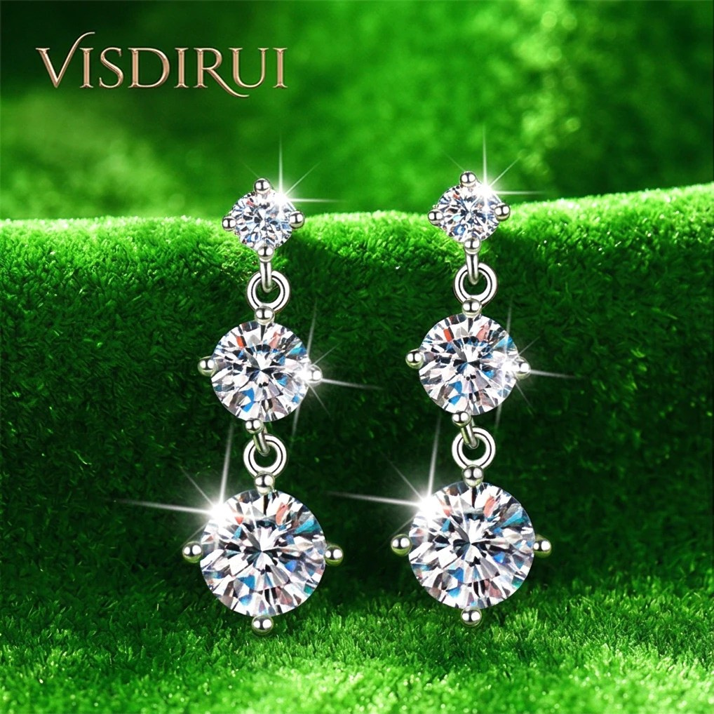 

VISDIRUI D Color Moissanite 3 Stone Stud Earrings S925 Silver 3.2cttw Round Cut Hypoallergenic Fine Jewelry Gift For Women