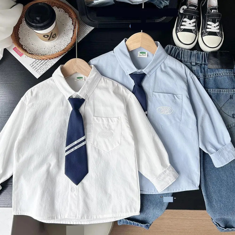 2026 Autumn New Children Long Sleeve Shirts Boys Preppy Style Shirts Fashion Class Tie Uniform Casual Coat Kids Clothes