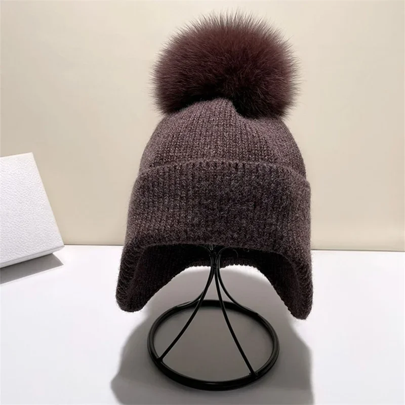 Solid Hat Women Knitted High Quality Ear Flap Wool Cap With Natural Fox Fur Pompom Female Winter Warm Caps