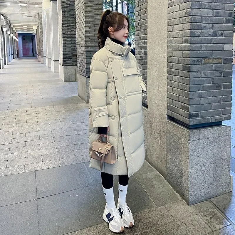 Mid Length Down Cotton Jacket Women Winter Thickened Cotton Padded Coat Stand Collar 2024 New Korean Loose Jackets