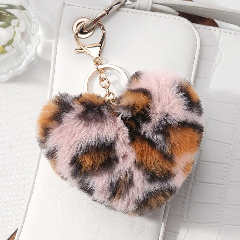 Leopard Heart Pompom Keychain Fluffy Heart Keychain Pendant Multicolor Bag Charm and Backpack Accessory for Keys Purses Car Keys