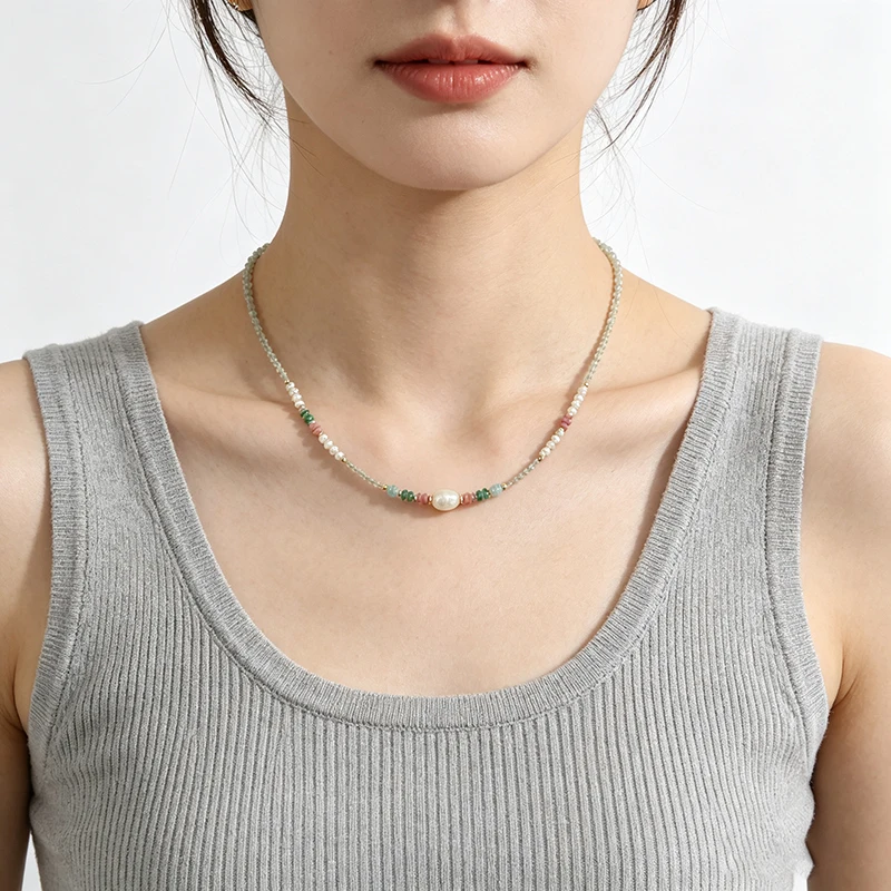Futuian Natural Freshwater Pearl Necklace, Versatile Commuter's High-End Multicolor Crystal Clavicle Chain.
