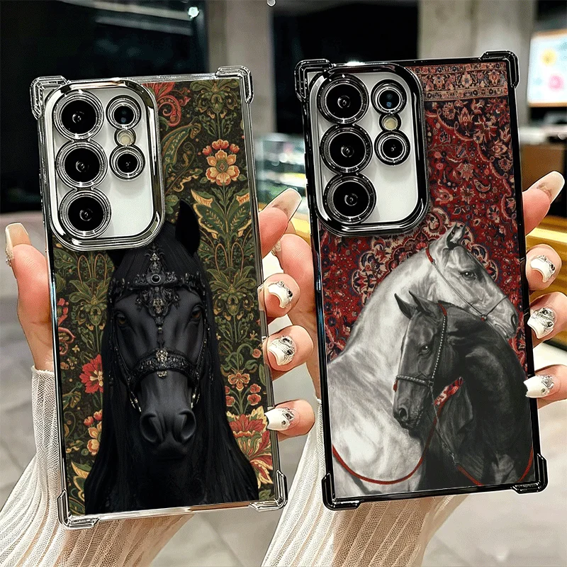 Horse Art Aesthetics Plating Phone Case For Samsung Galaxy S25 S26 Edge S24 S23 Ultra S22 S21 Plus S20 FE Anti-Fall Protection C