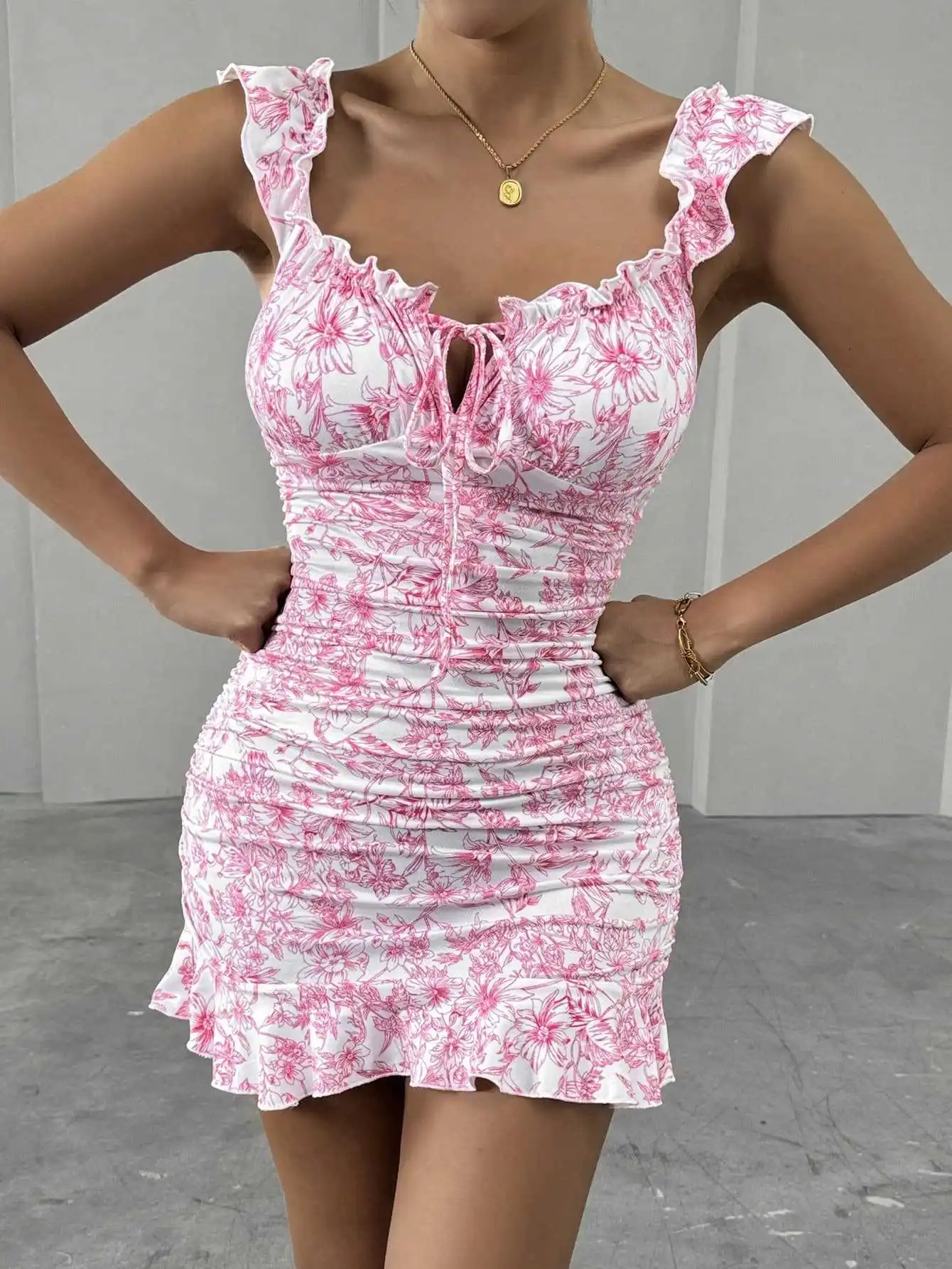 Moda Estate floreale Camis Tie-up Abiti corti Donna Sexy Canotta Mini abito Silm Fit Stampa Camicia Coquette Casual Y2k Vestiti