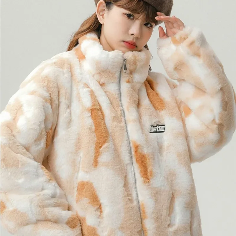 Tie-dye Imitation Rex Rabbit Hair Jacket for Couples Winter Cold-proof Cotton Clothes, Thickened Loose Stand-up Collar Fur Coat