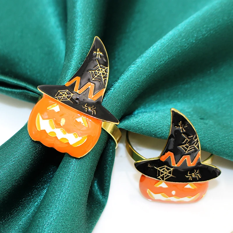 Halloween Napkin Ring for Thanksgiving, Horror Assustador, Laranja Abóbora, Black Witch Hat, Guardanapo Titular Anel, Holiday Party, HWH45, 6pcs