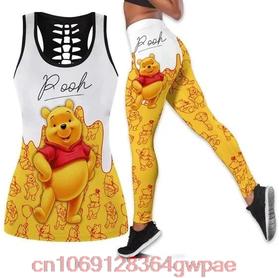 Winnie the Pooh Women\'s Hollow Tanktop Leggings Yoga Set Summer Fitness Leggings Tracksuit Disney Cutout Tank Top Leggings Set