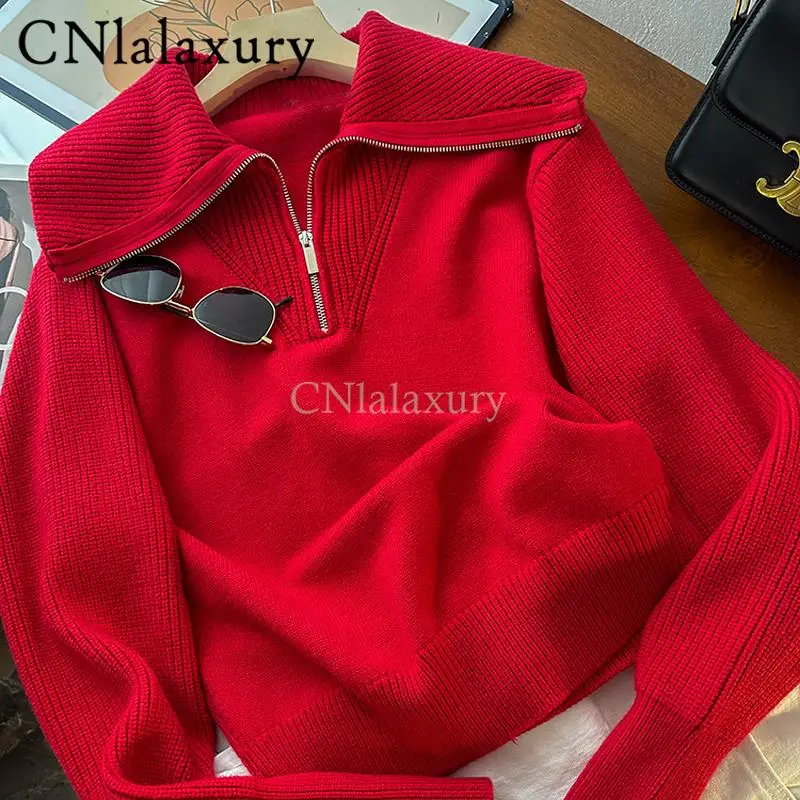 CNlalaxury 2023 Female Autumn Winter Solid Color Polo Collar Zipper Loose Chic Sweater Jumper Pull Femme Long Sleeved Versatile