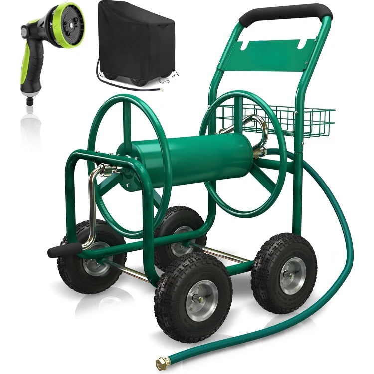 

Hose Reel Cart - 4 Wheels Heavy Duty Hose Cart, Nozzle & Waterproof Cover Cart Included - Holds up to 250 Feet 5/8 Inch Hose