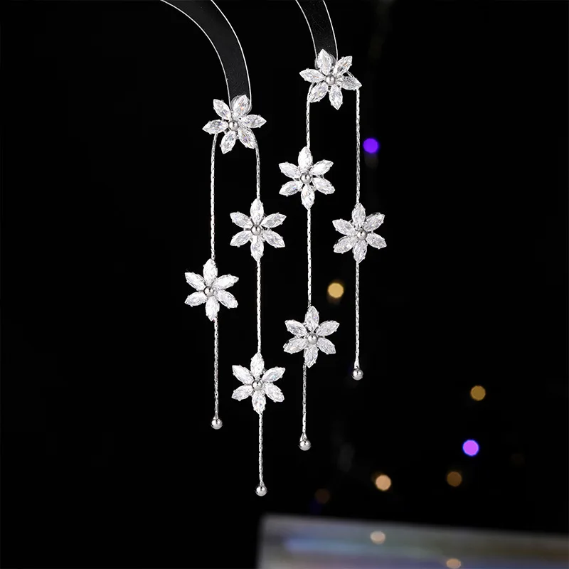 FXLRY New Design Cubic Zirconia s925 Silver Flower Tassel Personality Long Earrings For Bridal Wedding Party Dress Jewelry