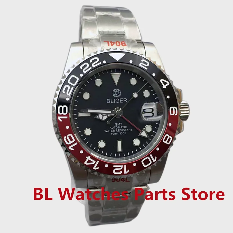 BLIGER 40mm NH34 GMT Watch For Men Mechanical Wristwatch Luminous Bezel Sapphire Glass Stainless Steel Automatic Reloj Hombre