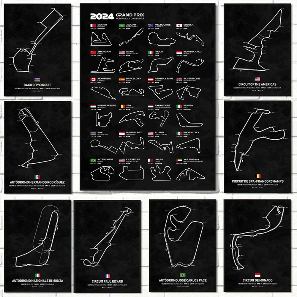 Formula 1 Track Map Wall Art Canvas Painting 2024 Season Calendar Racing Circuit Poster Print Picture for Living Room Home Decor