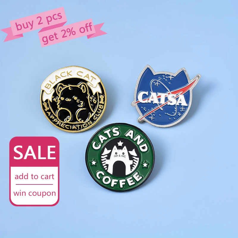 Cats Club Enamel Pin Cat Planet Moon Cafe Paw Badge Custom Kitten Brooches Lapel pin Jeans shirt Bag Cute Animal Jewelry Gift