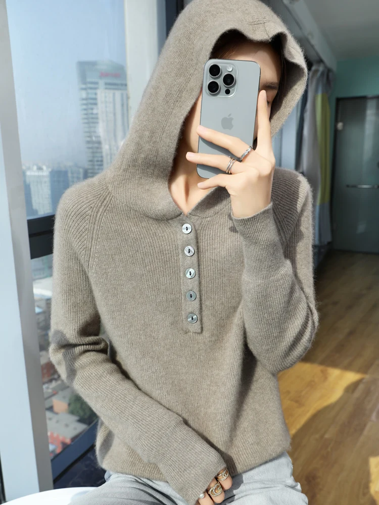 Autumn Winter Thick Pullover Women's Hoodie Sweater 70% Merino Wool and 30% Cashmere Knitwear Long Sleeve Fashion Clothing Tops