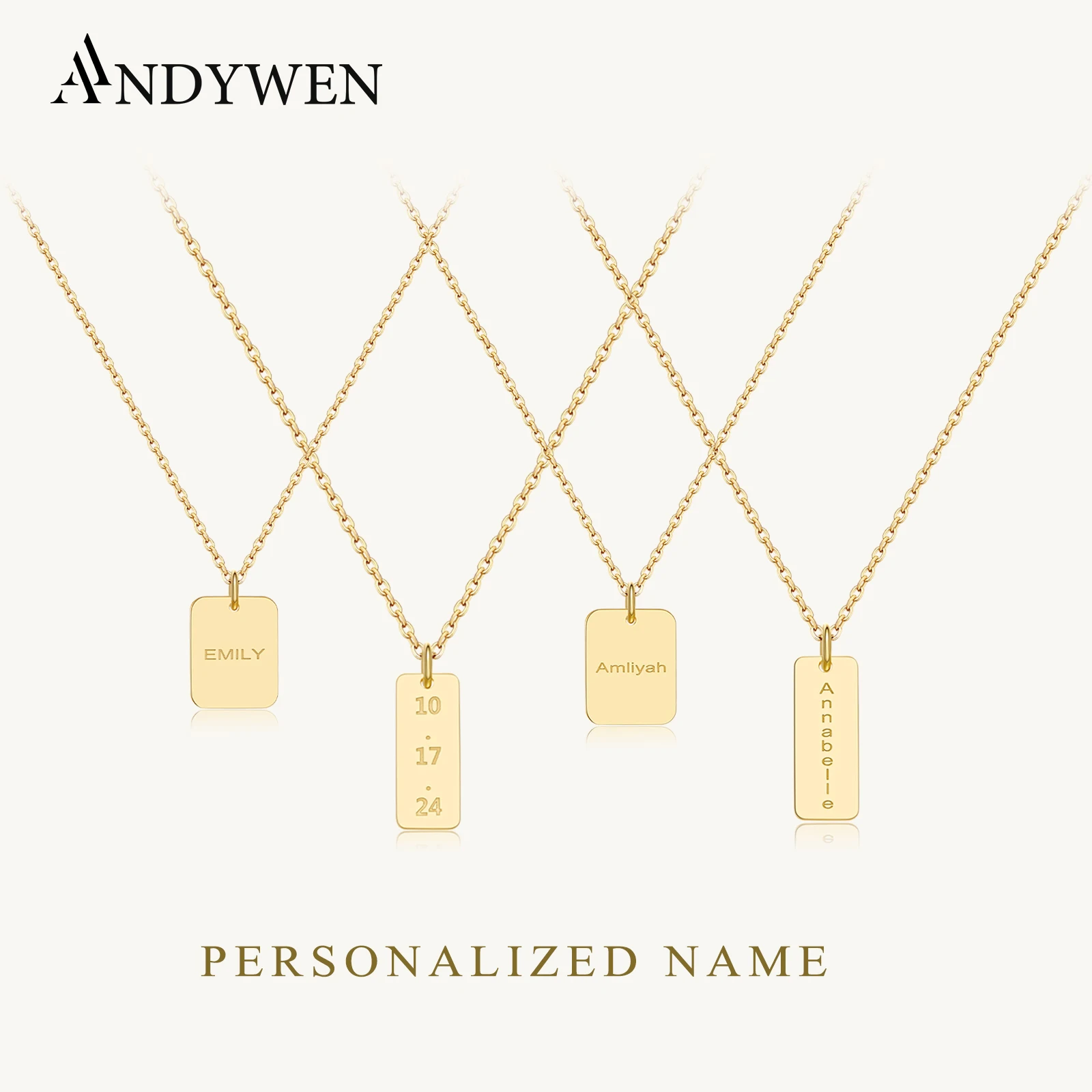 

ANDYWEN стерлингового серебра 925 пробы, персонализированное выгравированное буквенное имя, прямоугольный кулон, ожерелье, подарок на день рождения, годовщину, ювелирное изделие
