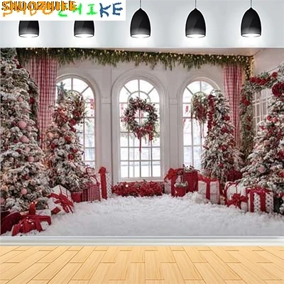 

Christmas Day New Year Party Photography Backdrops Prop Window Living Room Interior Xmas Tree Snow Theme Photo Background FN-05