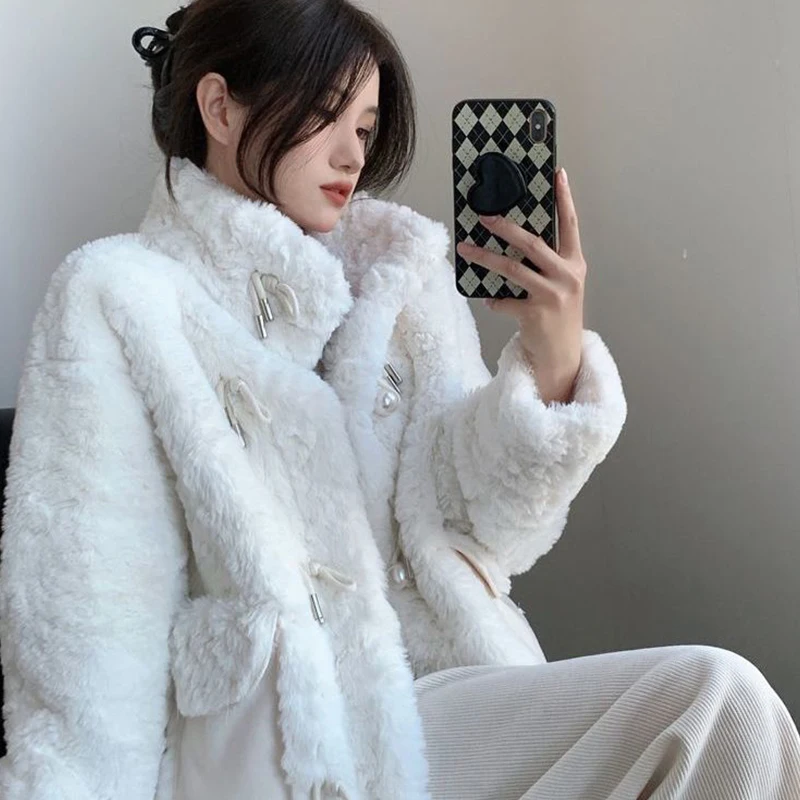 Elegant apricot white women thick faux fur coat casual faux thicked lamb fur jacket winter lady chic long sleeve outerwears