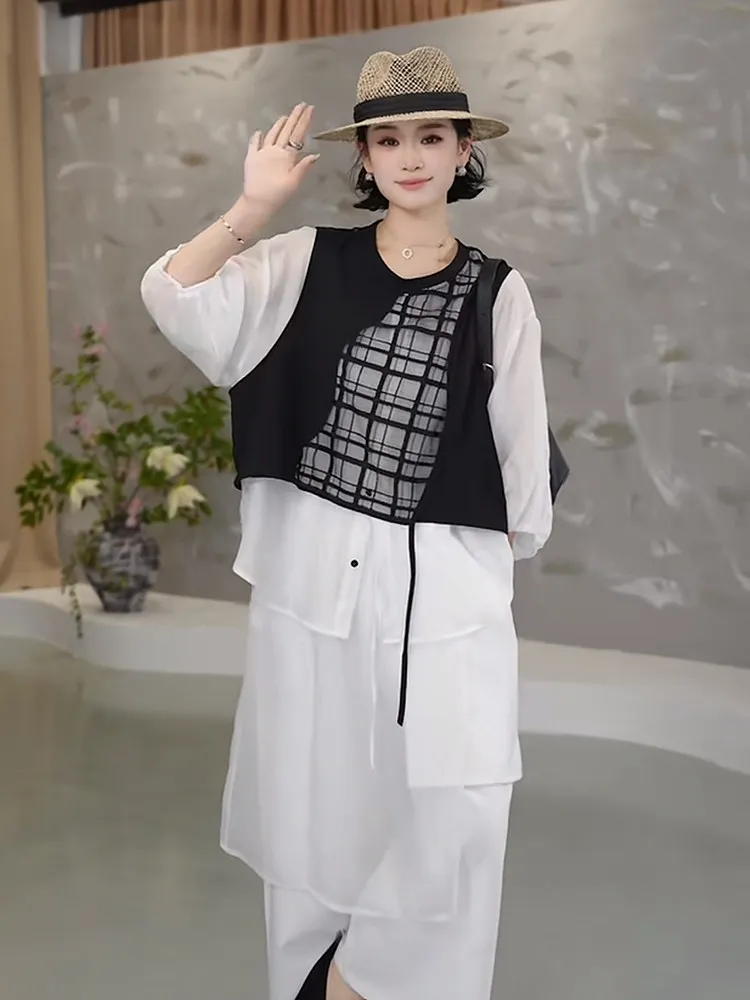

Retro round Neck Splice Mesh Fake Two-Piece Loose Women's Shirt Spring Summer New Style Slimming Top Artistic Style