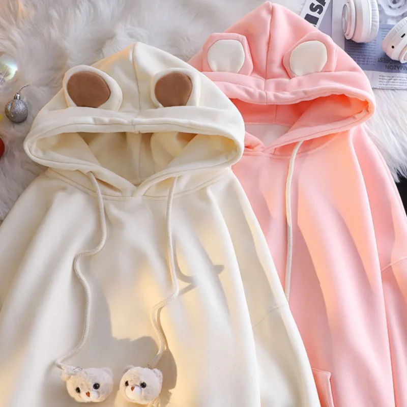 Harajuku Kawaii Bear Ears Hooded Sweatshirt Drop Sleeve Solid Hoodies Velvet Thick Casual Outwear Kawaii Girls Pullover Clothes