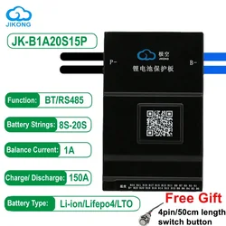 JK BMS JK-B1A20S15P Smart BMS 1A Active Balance 8-20S Current Continuous Discharge 150A BT for Lifepo4 Li-ion Camping RV Storage