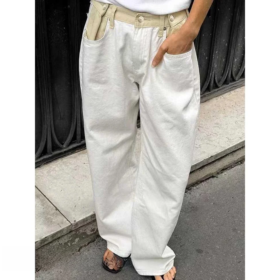 컬러 블로 하이웨이스트 스트레이트 레그 루즈핏 캐주얼 팬츠 바나나 팬츠 편안한 가을 여성용 출퇴근복