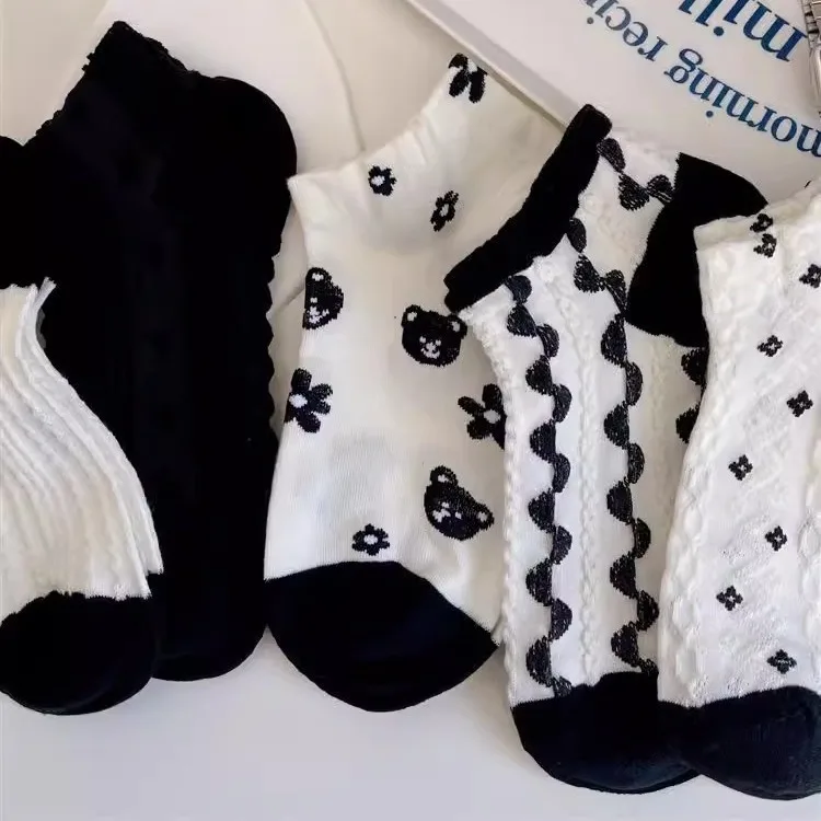 5 Pairs Women Cartoon Flower Printed Short Socks Cute Sweet Style Soft Comfortable Sweat Absorbing Breathable Casual Socks