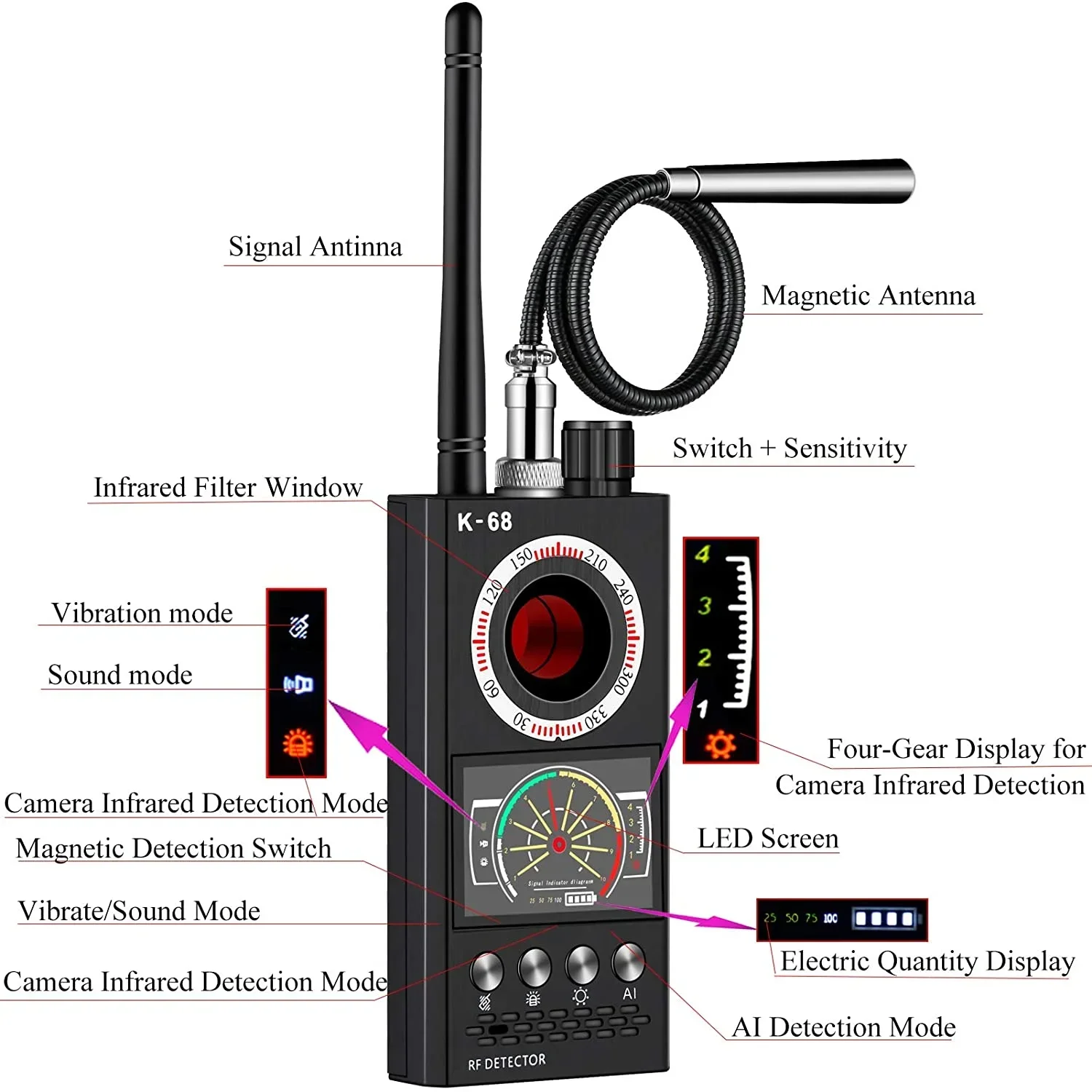 K68 anti-espião scanner detector câmera rf gsm áudio bug gps localizador rastreador pe66