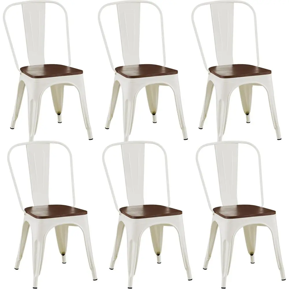 

Stackable Metal Dining Chairs Set of 6 - Indoor/Outdoor, High Backrest, Wood Seat (White)