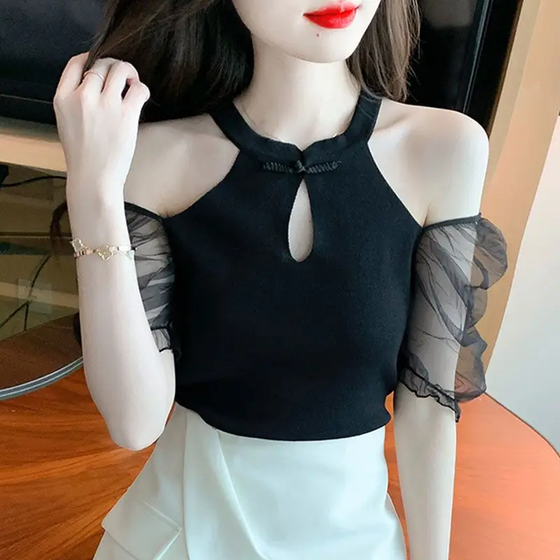 Short-sleeved T-shirt for Women Mesh Sleeves Slim Retro Thin Sweater 2025 Summer New Hollow Neck Off-shoulder Top for Women