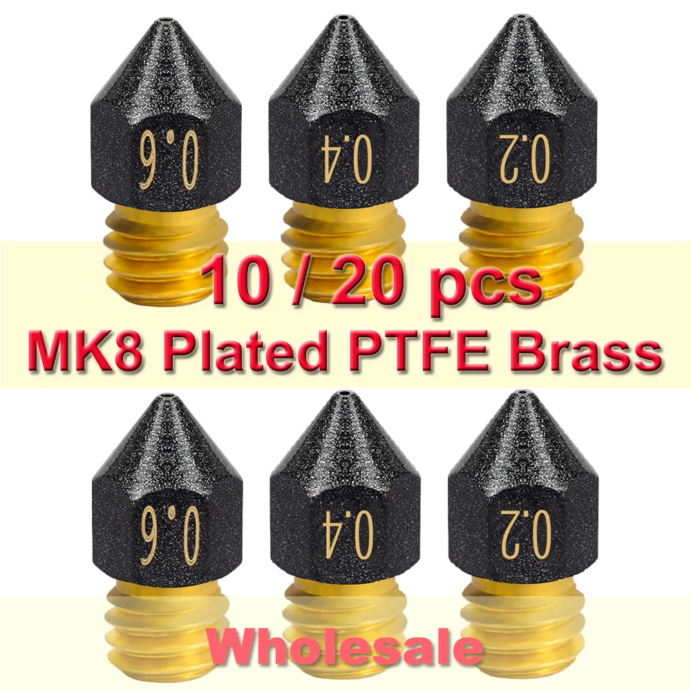 10/20pcs Wholesale MK8 Plated PTFE Brass Nozzle M6 Thread 0.4mm For 1.75mm Filament For CR6 SE Ender 3 KP3S CR10 Vyper