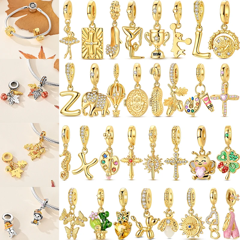Original Golden Series 925 Sterling Silver Luggage Travel Sun Leopard Charms Zirconium DIY Bead Fit Bracelet Jewelry Women Gifts