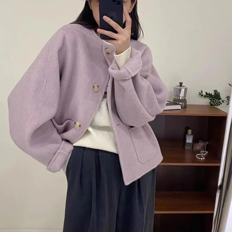 

Шерстяное пальто, бархатное, осень/зима 2023, новое двустороннее шерстяное пальто, женское фиолетовое короткое пальто с круглым вырезом, маленький ароматный стиль