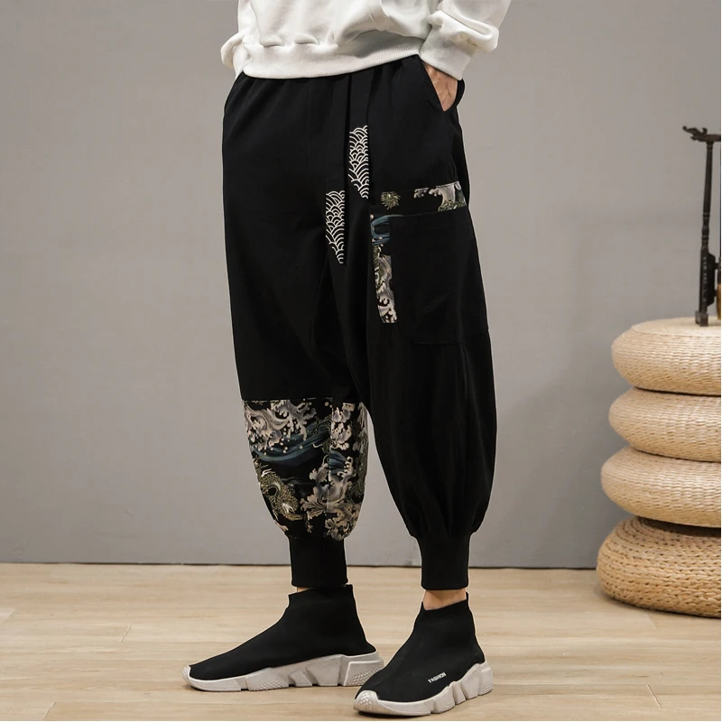 

Men's Plus Size Chinese Style Linen-Cotton Pants Ethnic Print Elastic Waist Cuff Casual Trousers for Spring Autumn Wear M-XXXXXL