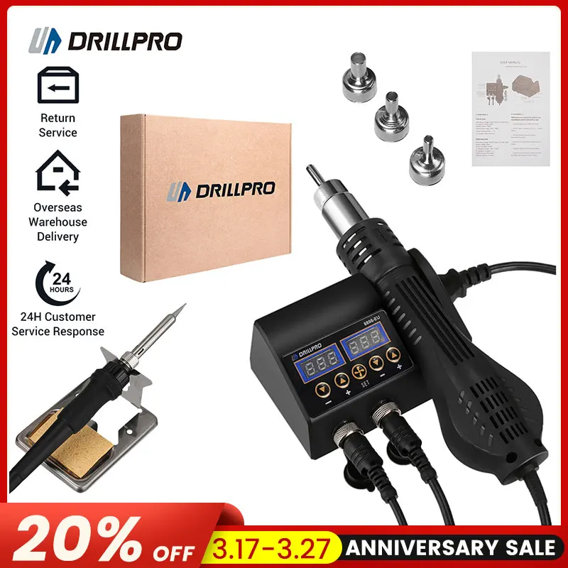 Drillpro 8898 Heat Gun Electric Soldering Iron Dual Digital Display 2 in 1 Welding Station Welding Maintenance Tool EU/US Plug