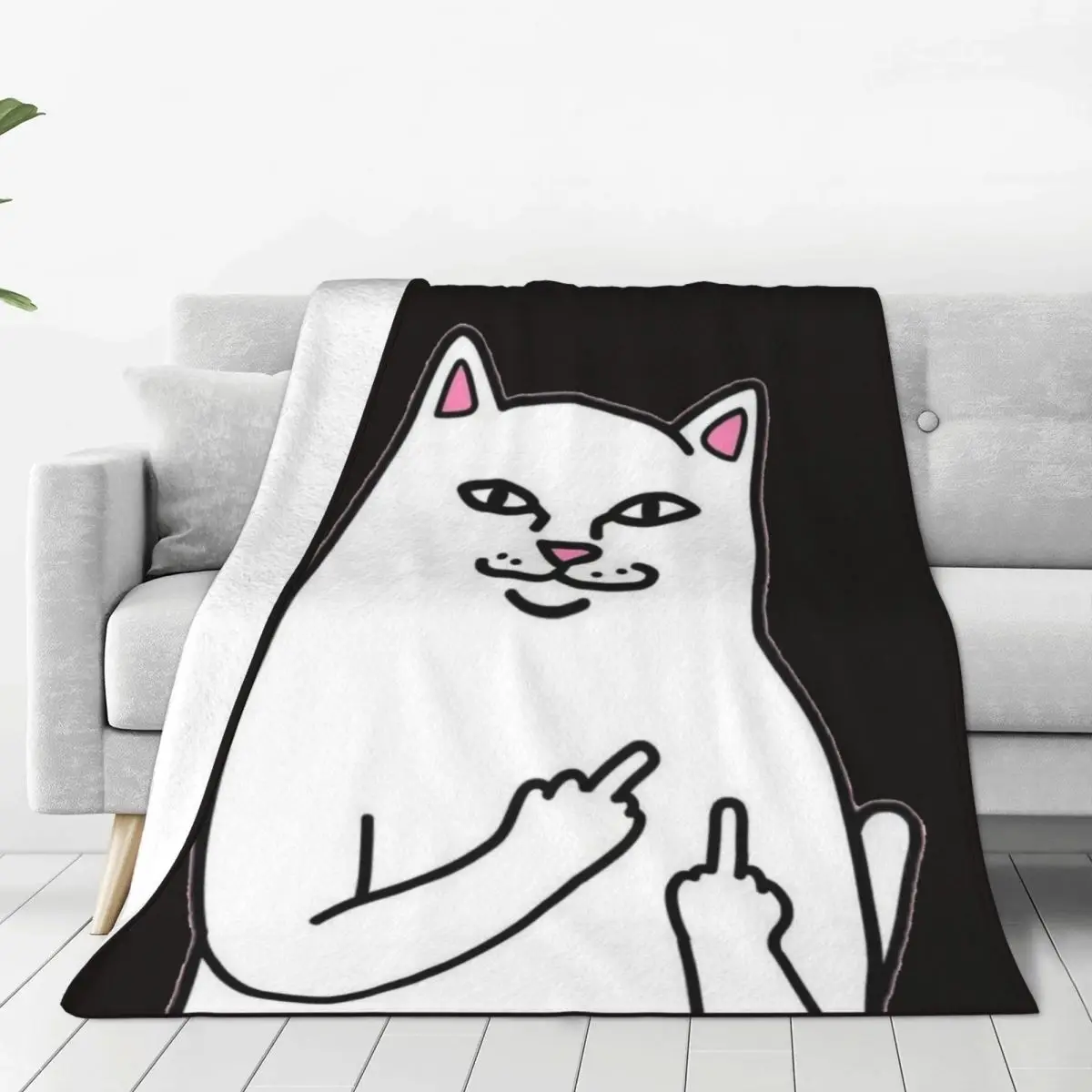 Cartoon Cat Flannel Blankets Middle Finger Super Warm Throw Blanket for Couch Chair Travelling Printed Bedspread Sofa Bed Cover