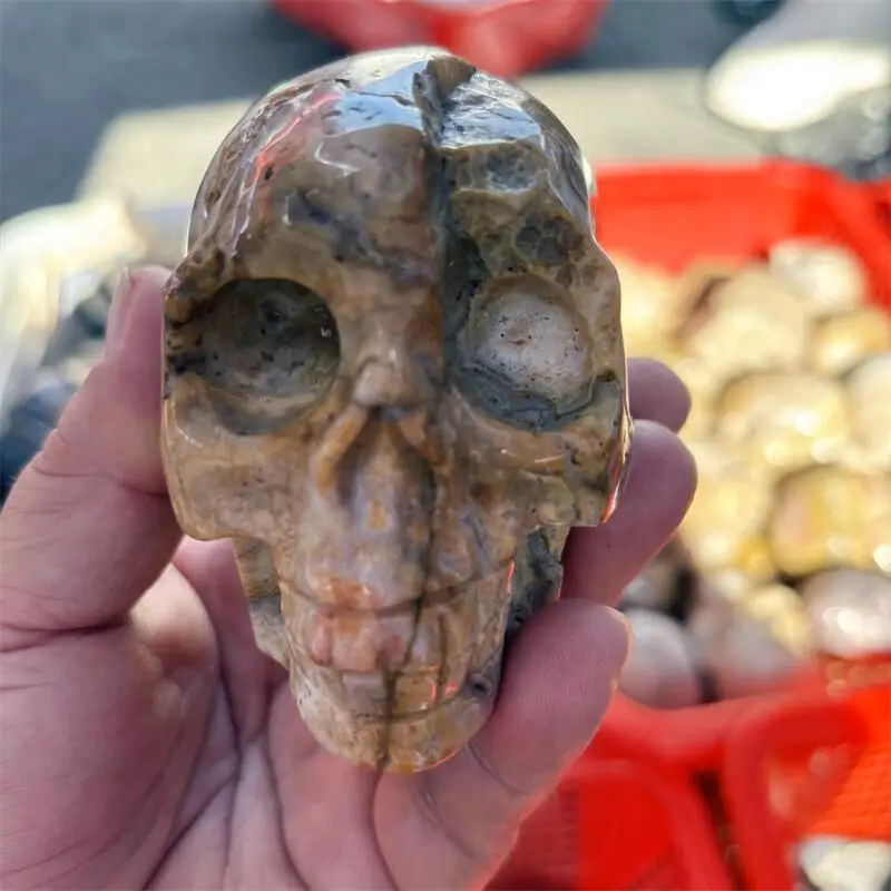 

Natural Crazy Agate Skull Crving Healing Reiki Christmas Gift For Children Or Home Decoration Gift 1PCS