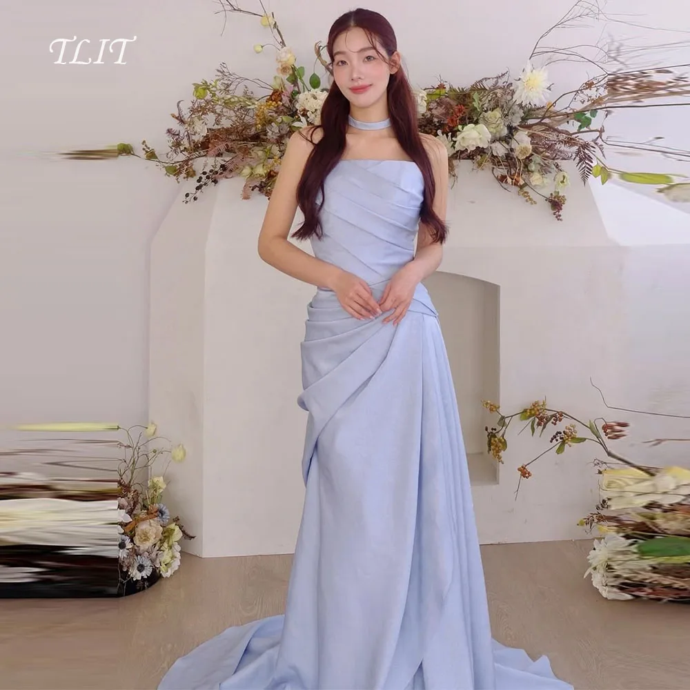 

TLIT Elegant Light Blue Silk Satin A-Line Evening Dress 웨딩드레스 Strapless Draped Prom Gowns Court Train Customized for photoshoot