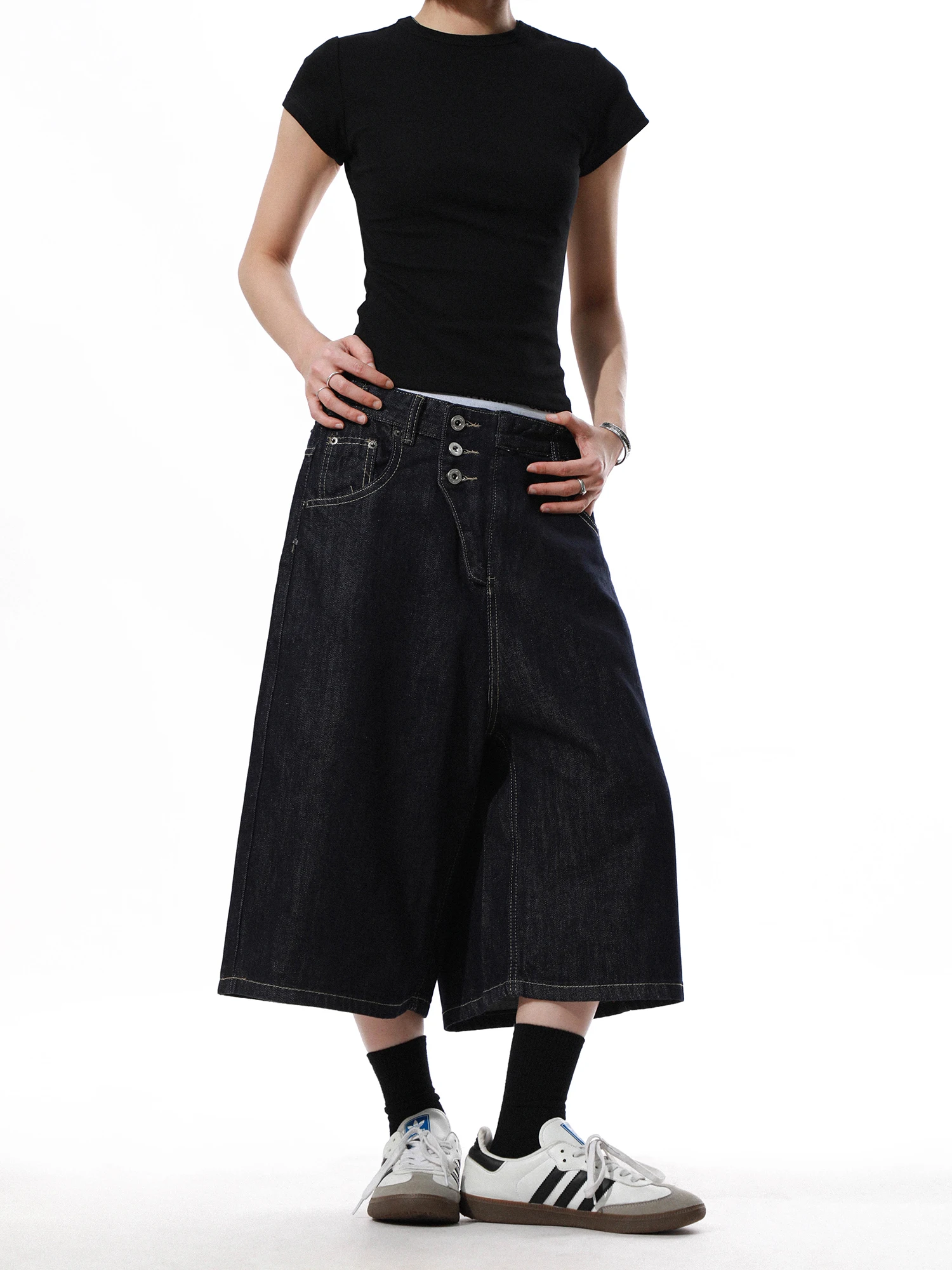 MRNEARLY American Retro Original Color Jeans Loose Casual Button Wide Leg Pants Men Women Seven-Foot Pants Cotton Blend