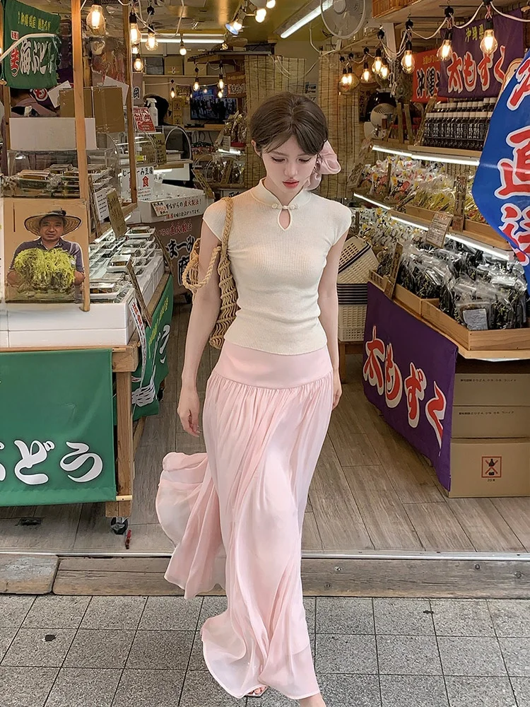 

Acaine Chinese Sle Knitted ort Sve Sweater Women's Slim Fit Summer Vintage Stand Collar Top Sweet Sle Pure Color