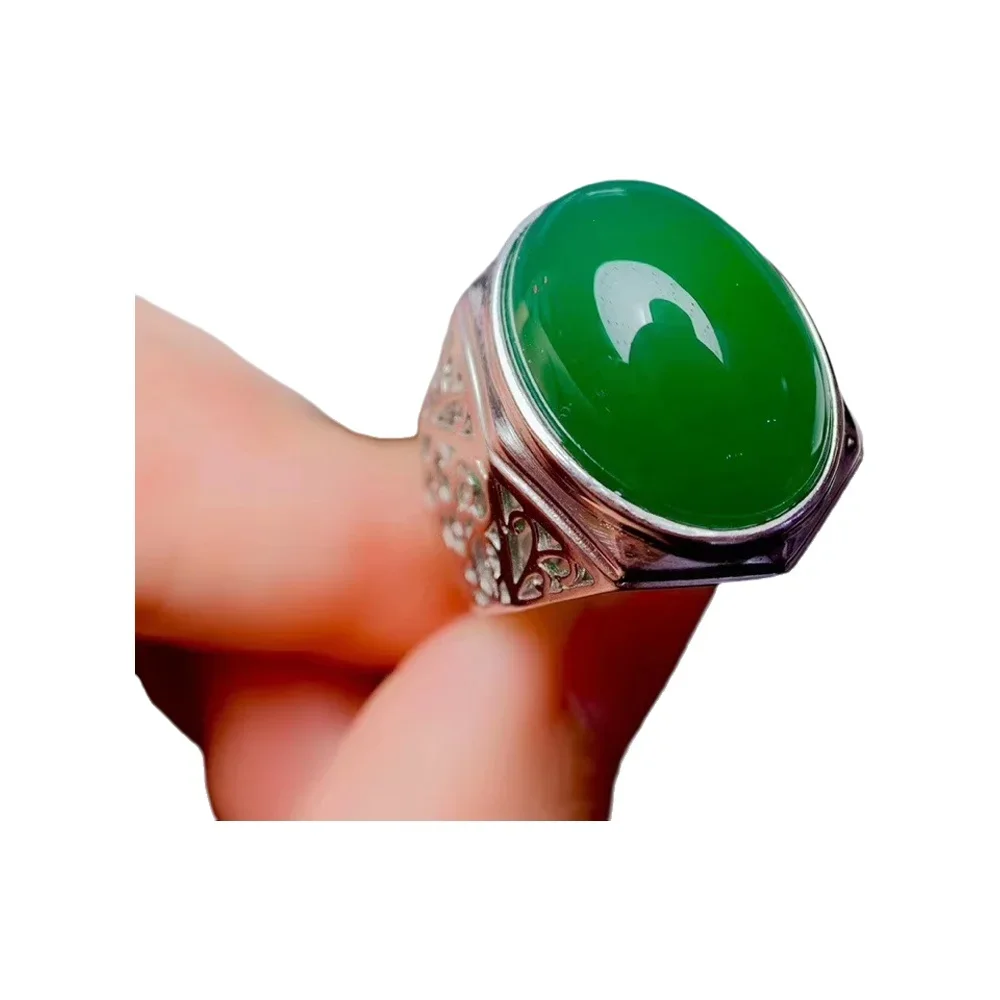 

KJJEAXCMY-925 Sterling Silver Natural Chalcedony Ring for Men, Jade Gemstone Ring, Fine Jewelry, Birthday Party Gift, New