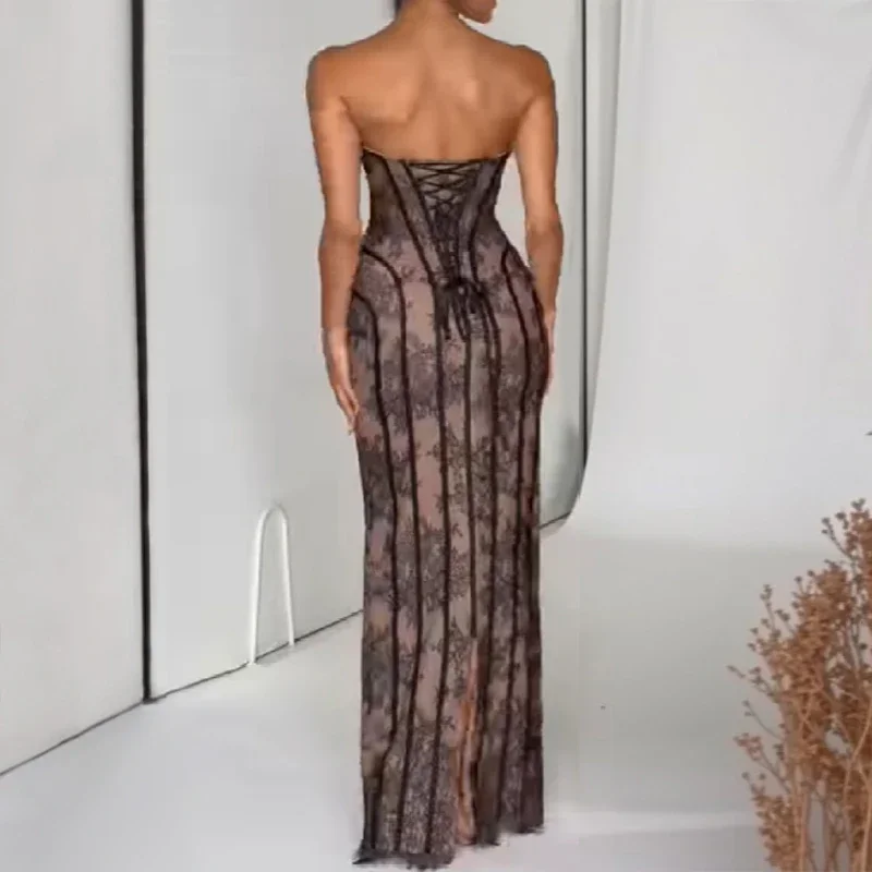 Elegantes, schickes Partykleid aus Gaze mit Fischgrätenmuster, schulterfreies, trägerloses Maxikleid für Damen, Spitze, tailliert, Vestidos 2026, Abendkleider – Detail 8