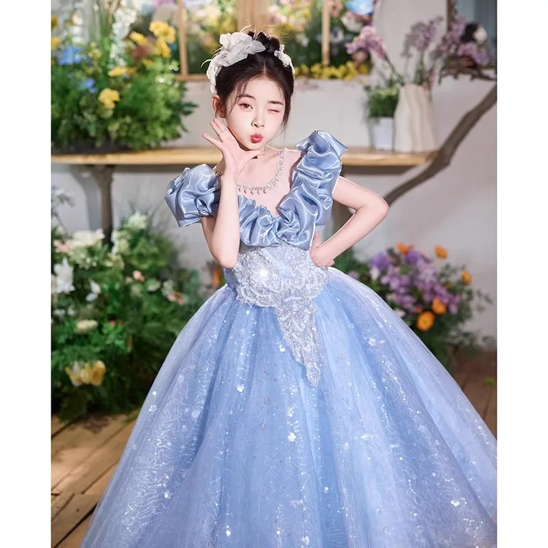 

Flower Girl Wedding Party Dresses Blue New Summer Girls Princess Dress Sequin Skirt Shoulder Gowns Long Prom Gown Customized