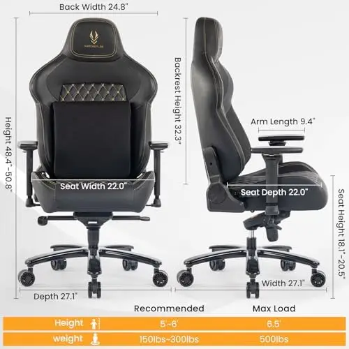 Big and Tall Gaming Chair 440LBS Gaming Chair with Metal Base Memory Foam Lumbar 4D Adjustable Armrest Computer Chair