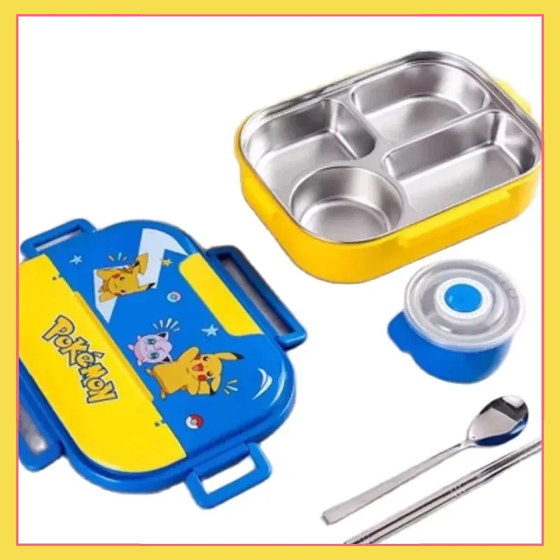 

New pokemon Children's 316L Stainless Steel Lunch Box, Four Grid Portable Soup Bowls, Chopsticks, and Tableware for Students