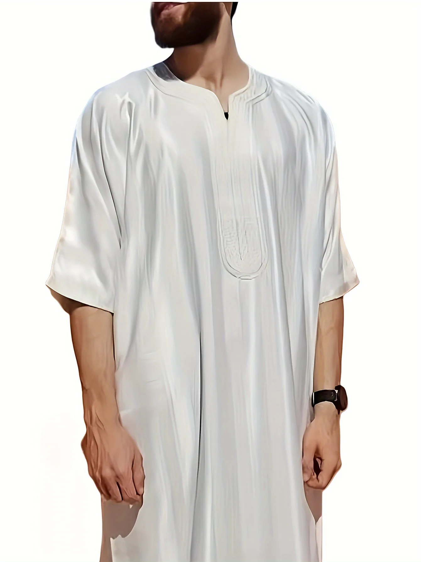 Vintage Loose Muslim Men\'s Abaya Robe Short Sleeve Fashion Jubba Thobe Men\'s Casual Striped Embroidered Islamic Clothing