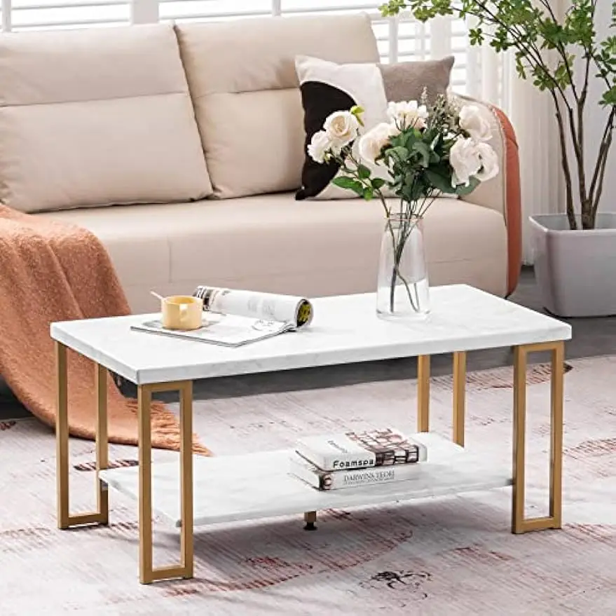 Marble Coffee Table, Modern Gold Coffee Table with Faux Marble Top for Living Room Bedroom Rectangular