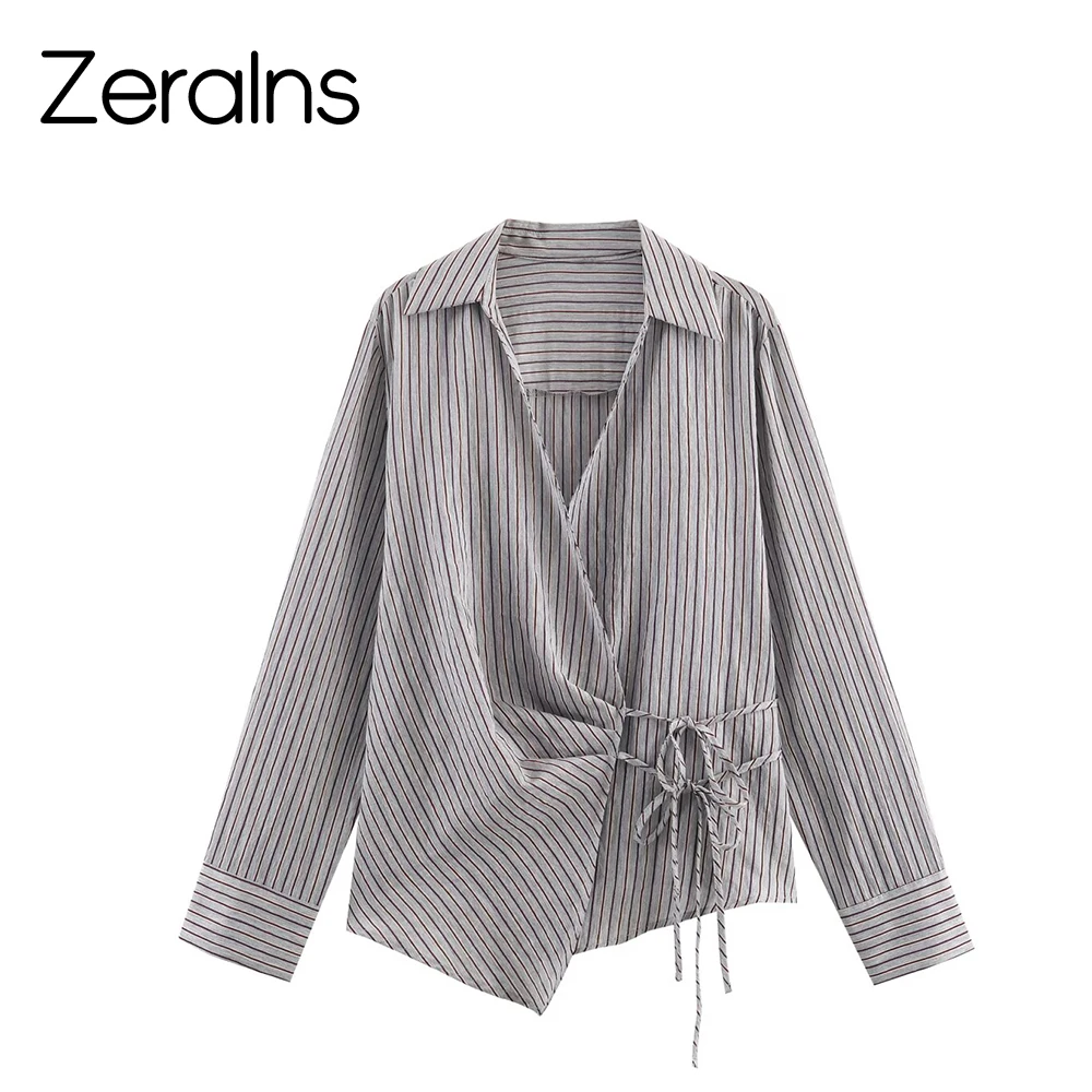 

ZERAINS Winter New Product Women's Commuting Style Flip Collar Long Sleeve Double breasted Striped Bow Shirt Top